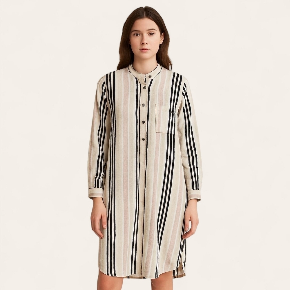 Lou & Grey Tan Linen Blend Long Sleeve Shirt Dress - Size Medium